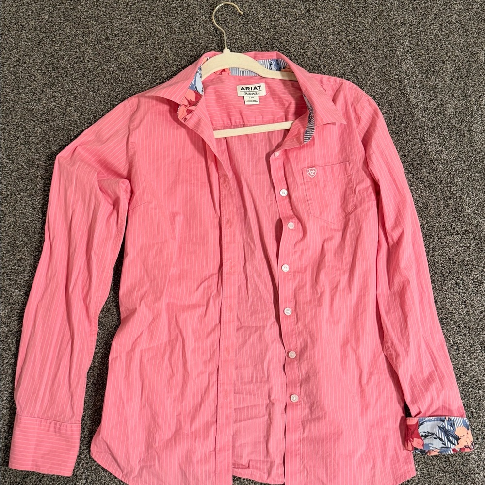Women’s Ariat Pink Striped Shirt with Floral Cuffs size L
